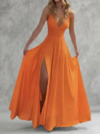 Henrietta | High Waist Pleated Split-Side Spaghetti Neck Maxi Dress