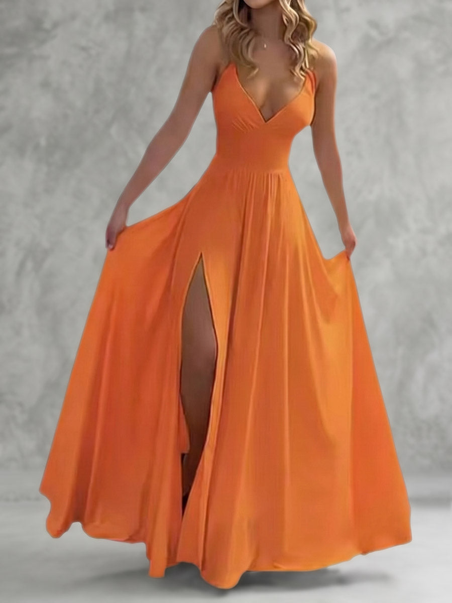 Henrietta | High Waist Pleated Split-Side Spaghetti Neck Maxi Dress