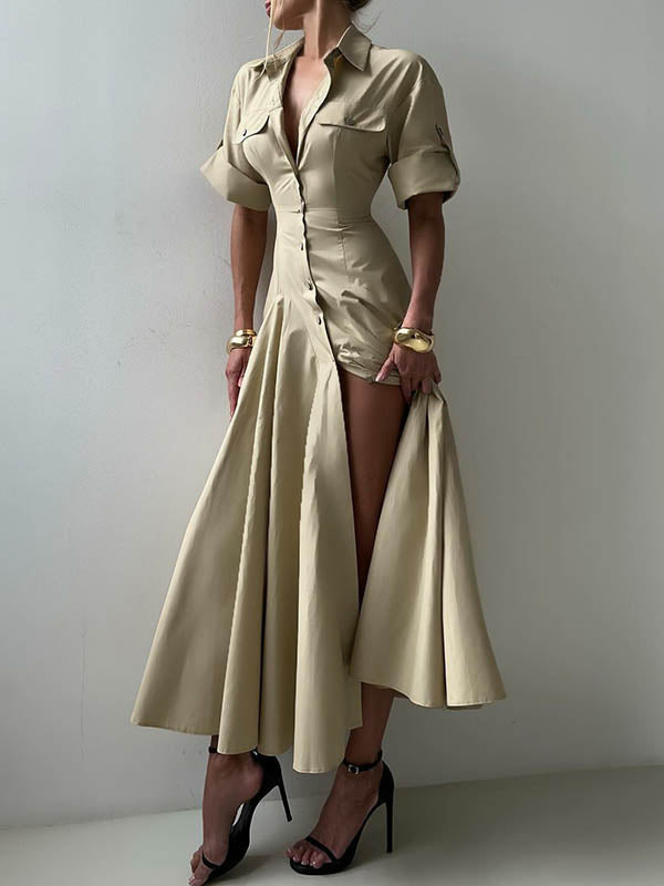 Aimee | Short Sleeve Lapel Button Maxi Shirt Dress