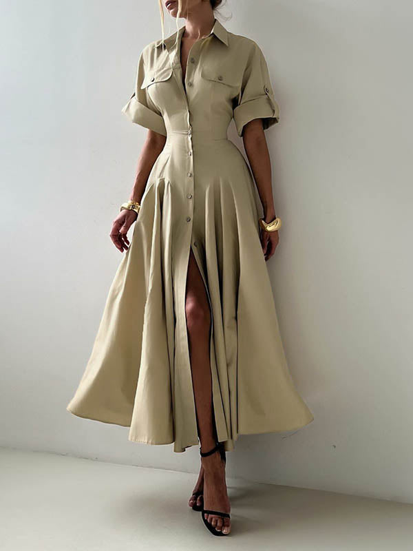Aimee | Short Sleeve Lapel Button Maxi Shirt Dress