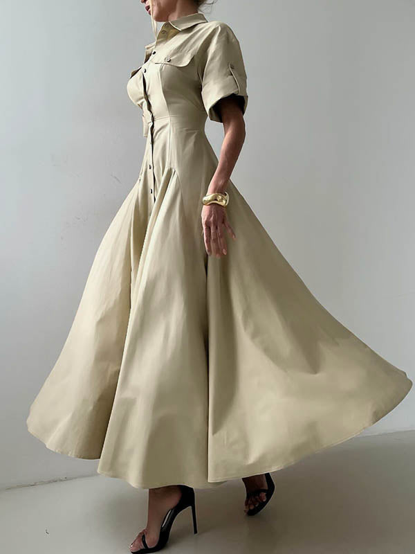 Aimee | Short Sleeve Lapel Button Maxi Shirt Dress