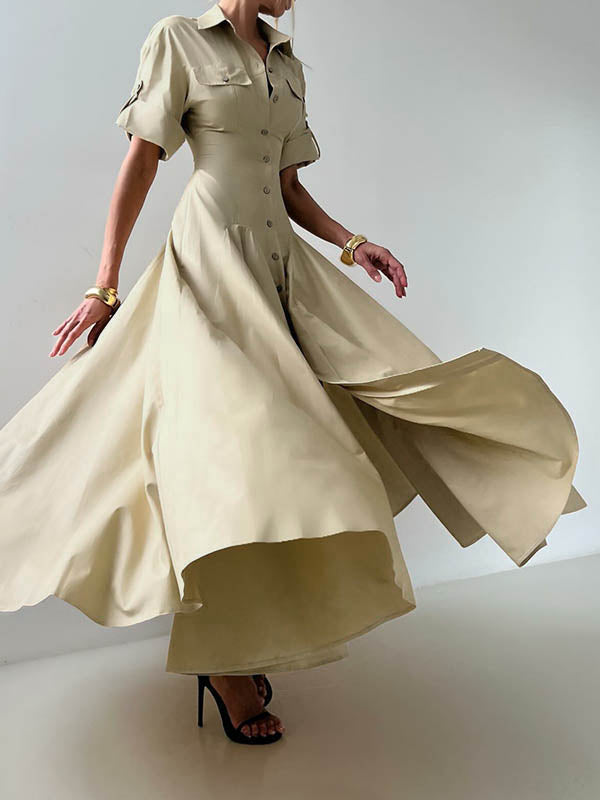 Aimee | Short Sleeve Lapel Button Maxi Shirt Dress