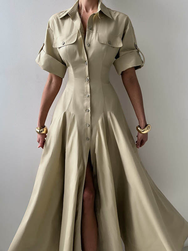 Aimee | Short Sleeve Lapel Button Maxi Shirt Dress