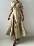 Aimee | Short Sleeve Lapel Button Maxi Shirt Dress