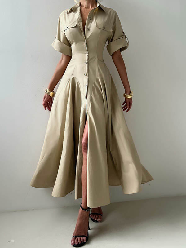 Aimee | Short Sleeve Lapel Button Maxi Shirt Dress