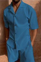 Alastair | Relaxed Fit Ribbed Button-Up Shirt and Shorts Set