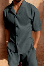 Alastair | Relaxed Fit Ribbed Button-Up Shirt and Shorts Set