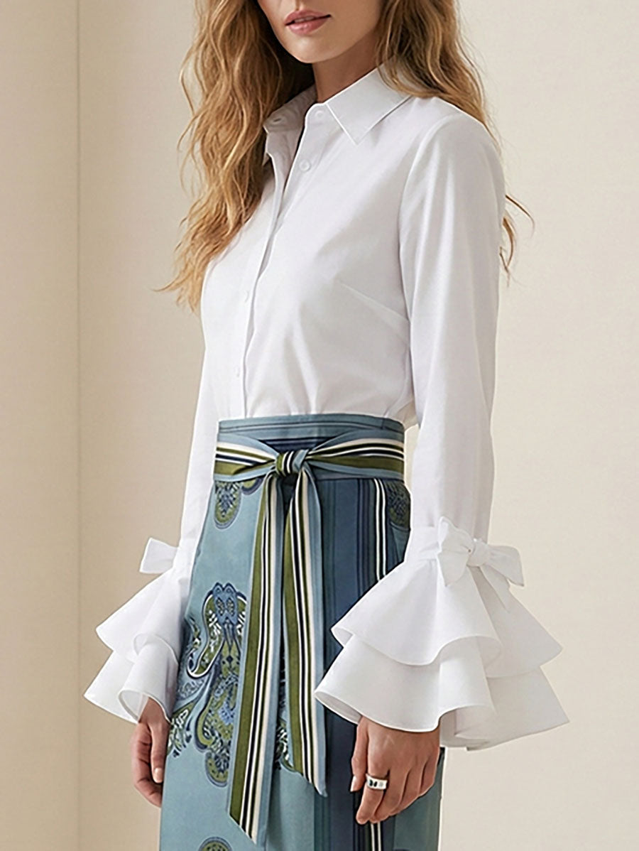 Bridget | Flared Sleeve Bow-Embellished Lapel Blouse