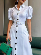 Cara | Puff Sleeve Belted Lapel Maxi Shirt Dress