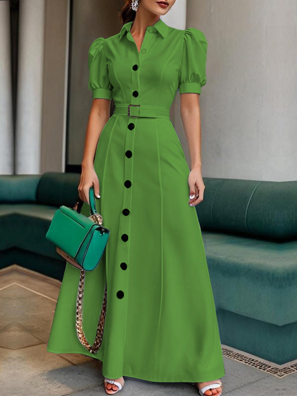 Cara | Puff Sleeve Belted Lapel Maxi Shirt Dress