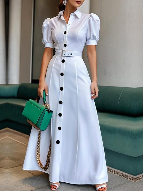 Cara | Puff Sleeve Belted Lapel Maxi Shirt Dress