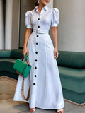 Cara | Puff Sleeve Belted Lapel Maxi Shirt Dress