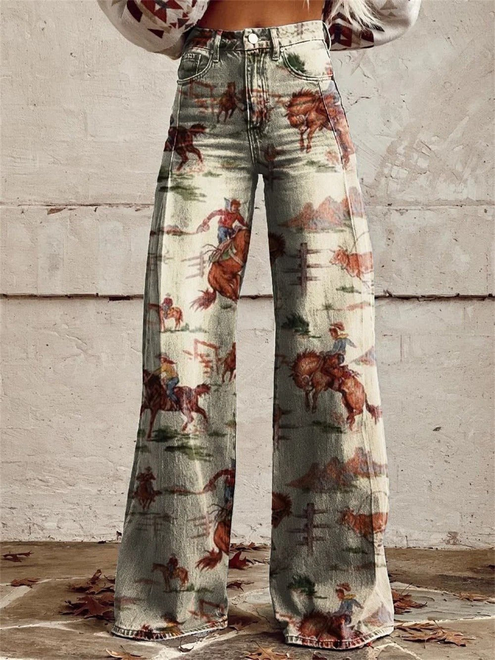 Clarissa | High-Waist Wide-Leg Western Print Denim Trousers