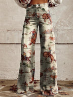 Clarissa | High-Waist Wide-Leg Western Print Denim Trousers