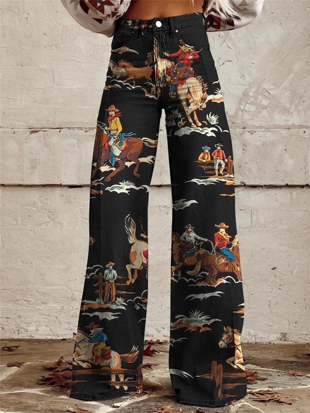 Clarissa | High-Waist Wide-Leg Western Print Denim Trousers