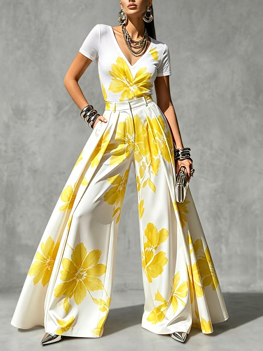 Cordelia | High Waisted Wide Leg Pleated Flower Print Pants