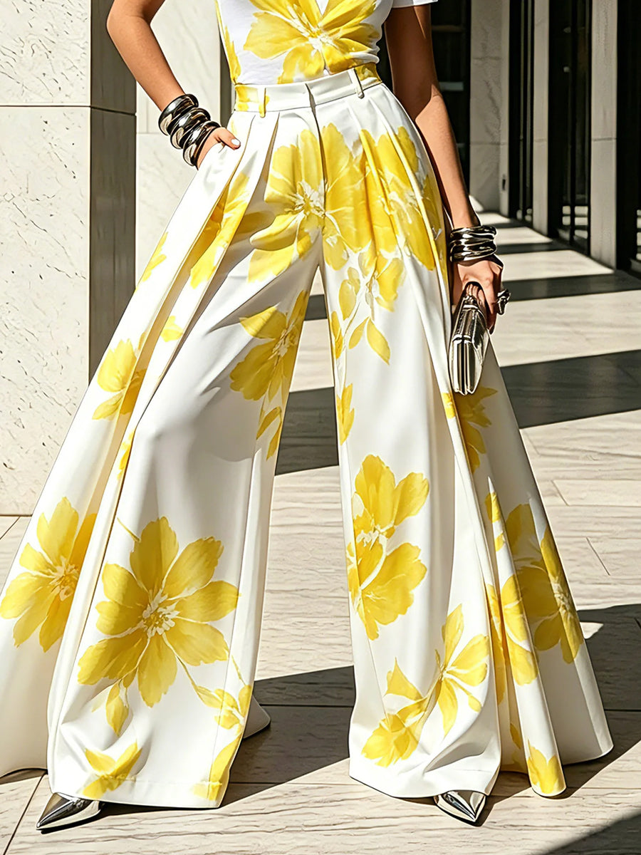 Cordelia | High Waisted Wide Leg Pleated Flower Print Pants