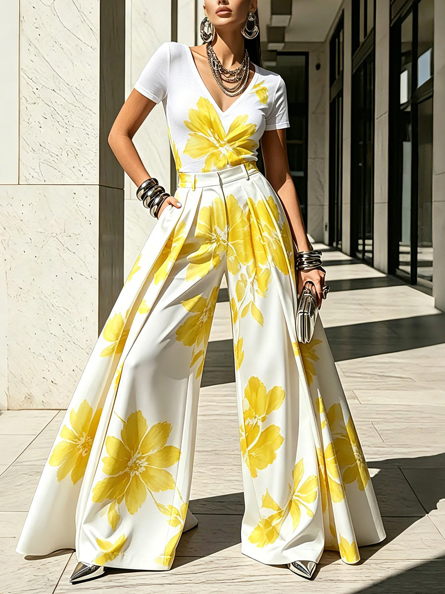 Cordelia | High Waisted Wide Leg Pleated Flower Print Pants