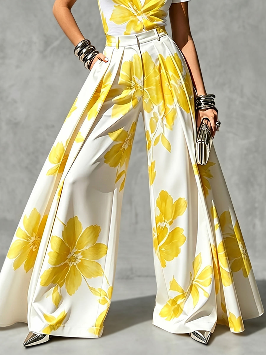 Cordelia | High Waisted Wide Leg Pleated Flower Print Pants