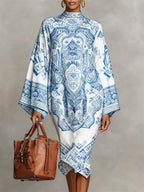 Daphne | Loose Fit Long Sleeve Printed Mock Neck Midi Dress