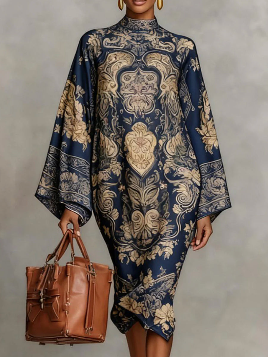 Daphne | Loose Fit Long Sleeve Printed Mock Neck Midi Dress