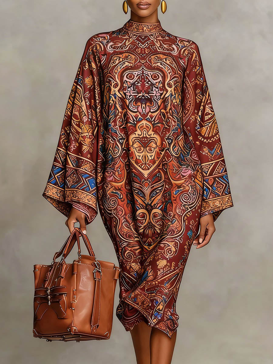 Daphne | Loose Fit Long Sleeve Printed Mock Neck Midi Dress