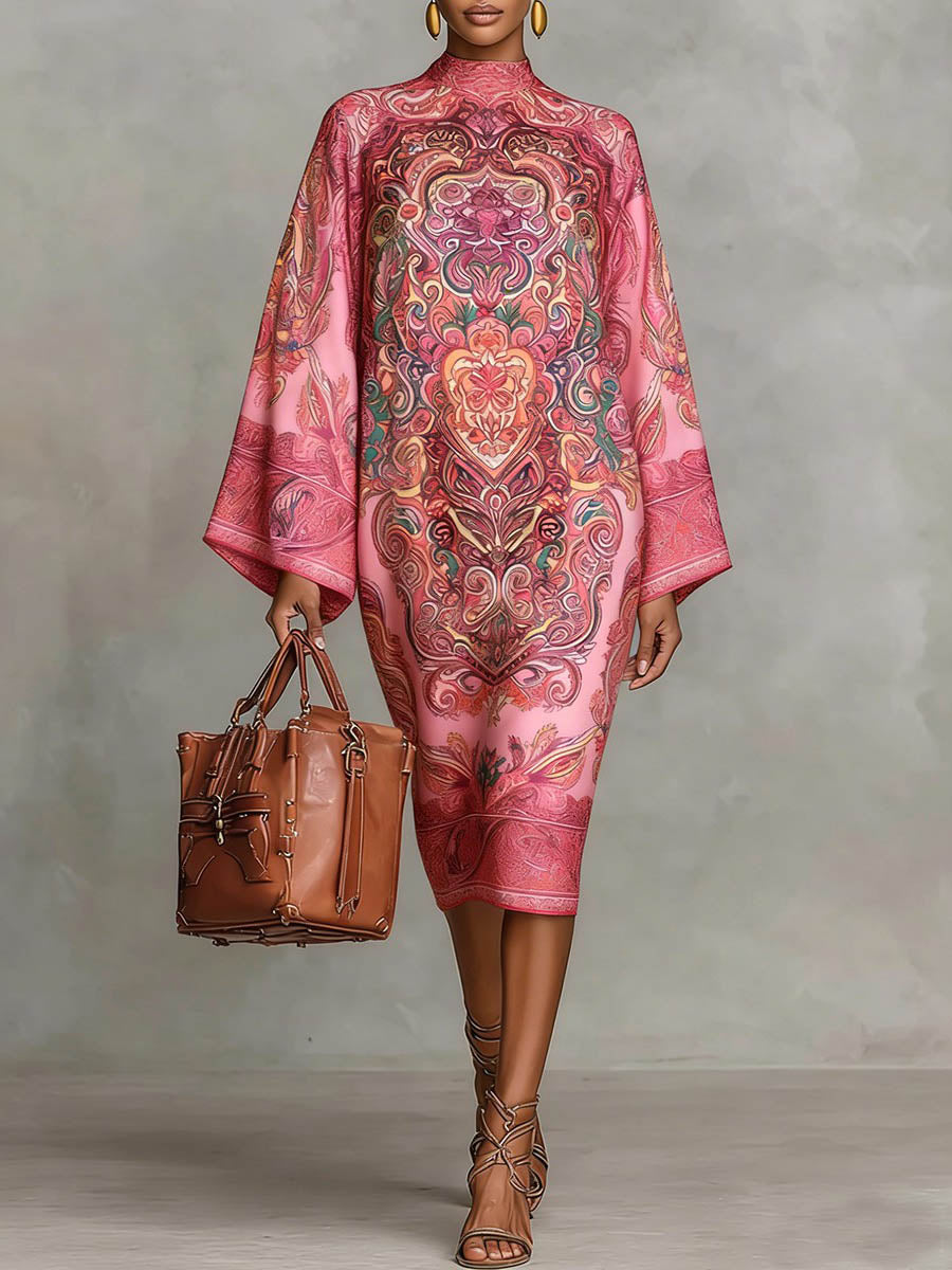 Daphne | Loose Fit Long Sleeve Printed Mock Neck Midi Dress