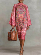 Daphne | Loose Fit Long Sleeve Printed Mock Neck Midi Dress