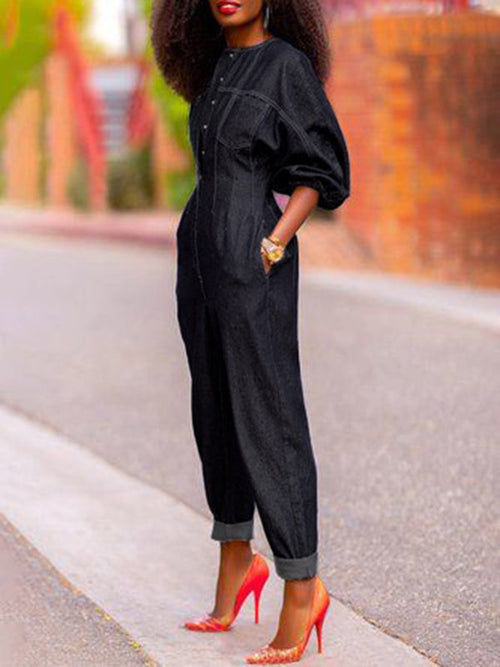 Elena | Puff Sleeve Split-Joint Round-Neck Jumpsuit