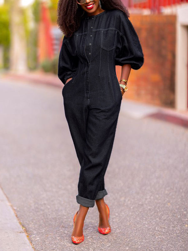 Elena | Puff Sleeve Split-Joint Round-Neck Jumpsuit