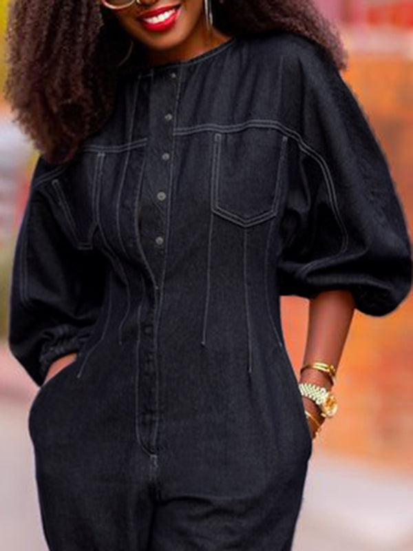 Elena | Puff Sleeve Split-Joint Round-Neck Jumpsuit