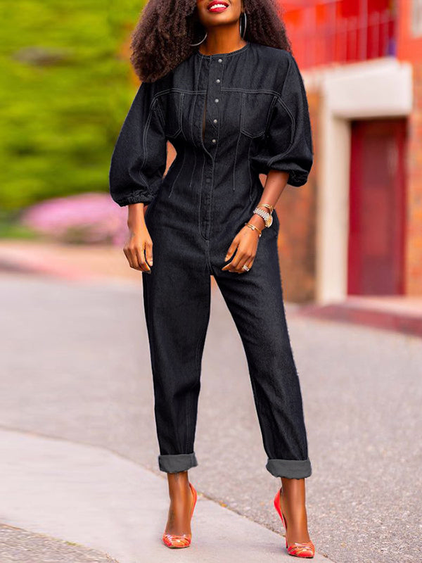 Elena | Puff Sleeve Split-Joint Round-Neck Jumpsuit