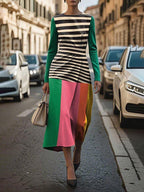 Emma | Long Sleeve Pleated Contrast Color Midi Dress