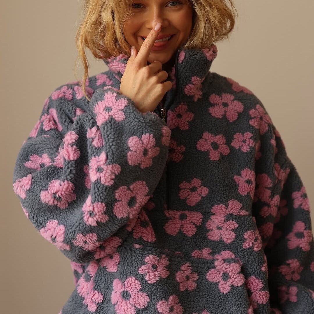 Genevieve | Oversized Floral Teddy Fleece Half-Zip Jumper