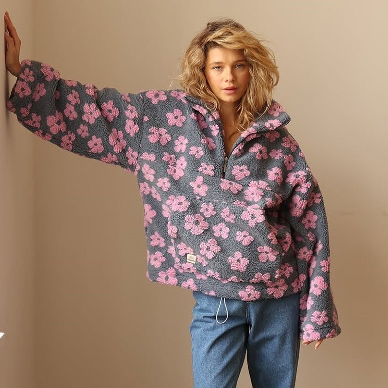 Genevieve | Oversized Floral Teddy Fleece Half-Zip Jumper