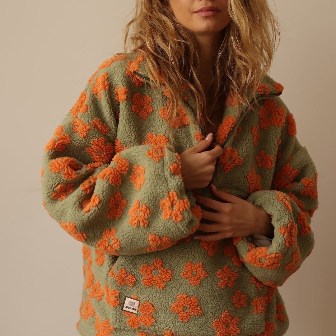 Genevieve | Oversized Floral Teddy Fleece Half-Zip Jumper