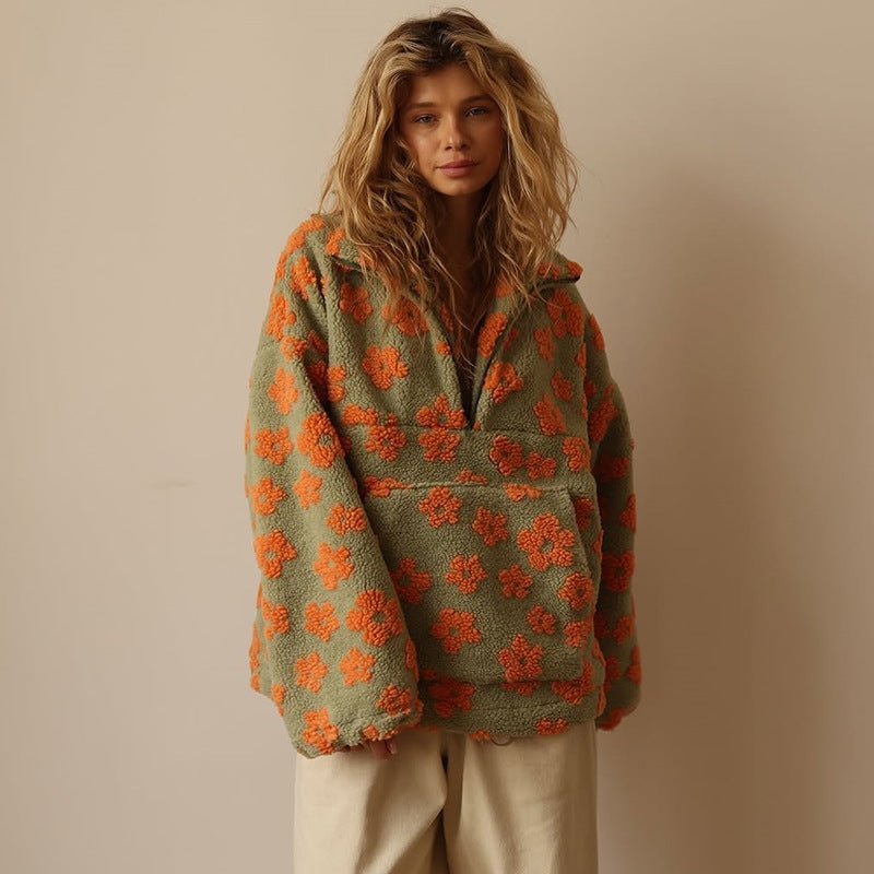 Genevieve | Oversized Floral Teddy Fleece Half-Zip Jumper