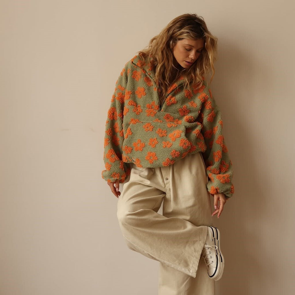 Genevieve | Oversized Floral Teddy Fleece Half-Zip Jumper