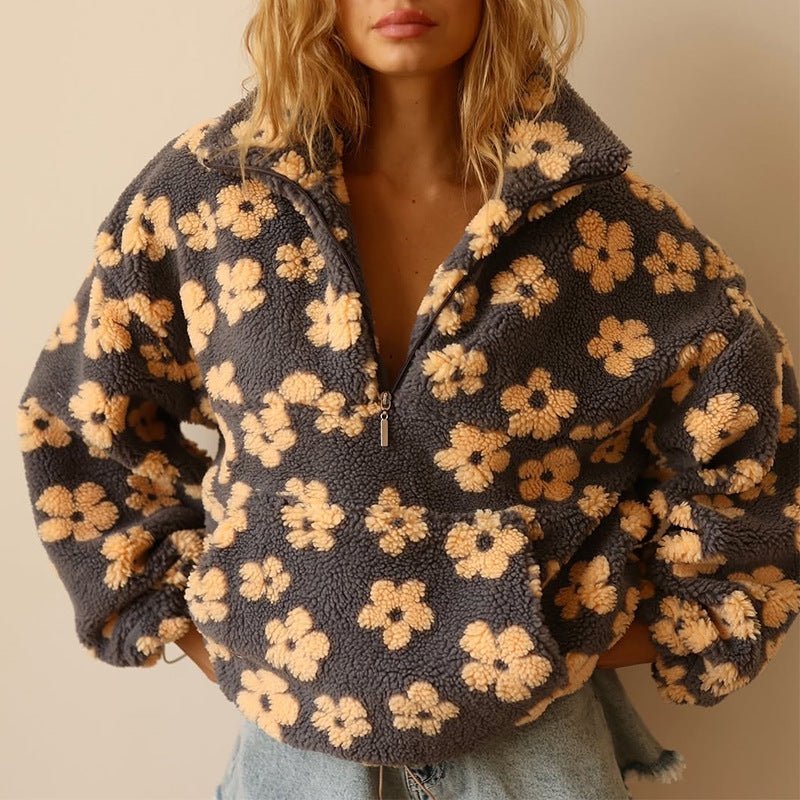 Genevieve | Oversized Floral Teddy Fleece Half-Zip Jumper