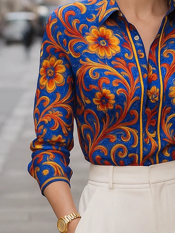 Hannah | Long Sleeve Buttoned Lapel Flower Print Blouse