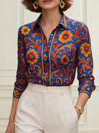 Hannah | Long Sleeve Buttoned Lapel Flower Print Blouse