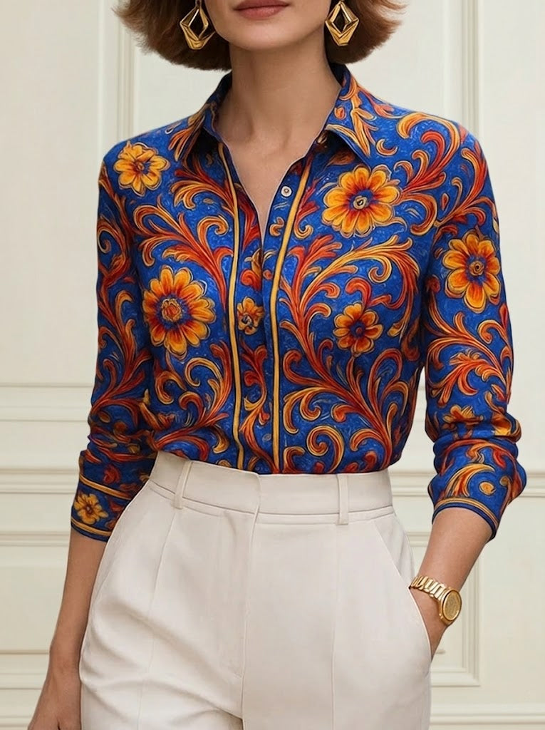 Hannah | Long Sleeve Buttoned Lapel Flower Print Blouse
