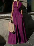 Harlow | High Waist Loose Fit V-Neck Wide Leg Jumpsuit