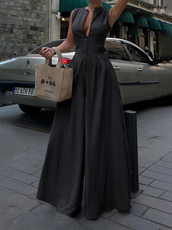 Harlow | High Waist Loose Fit V-Neck Wide Leg Jumpsuit