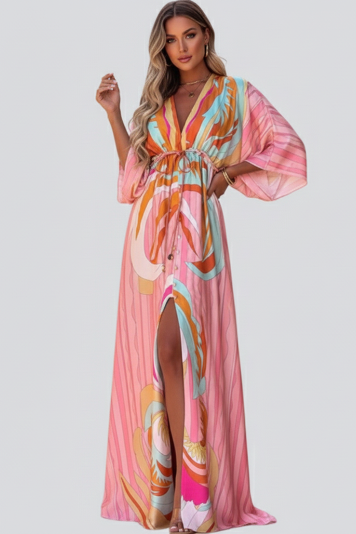 Hayden | V-Neck Belted Printed Maxi Dress