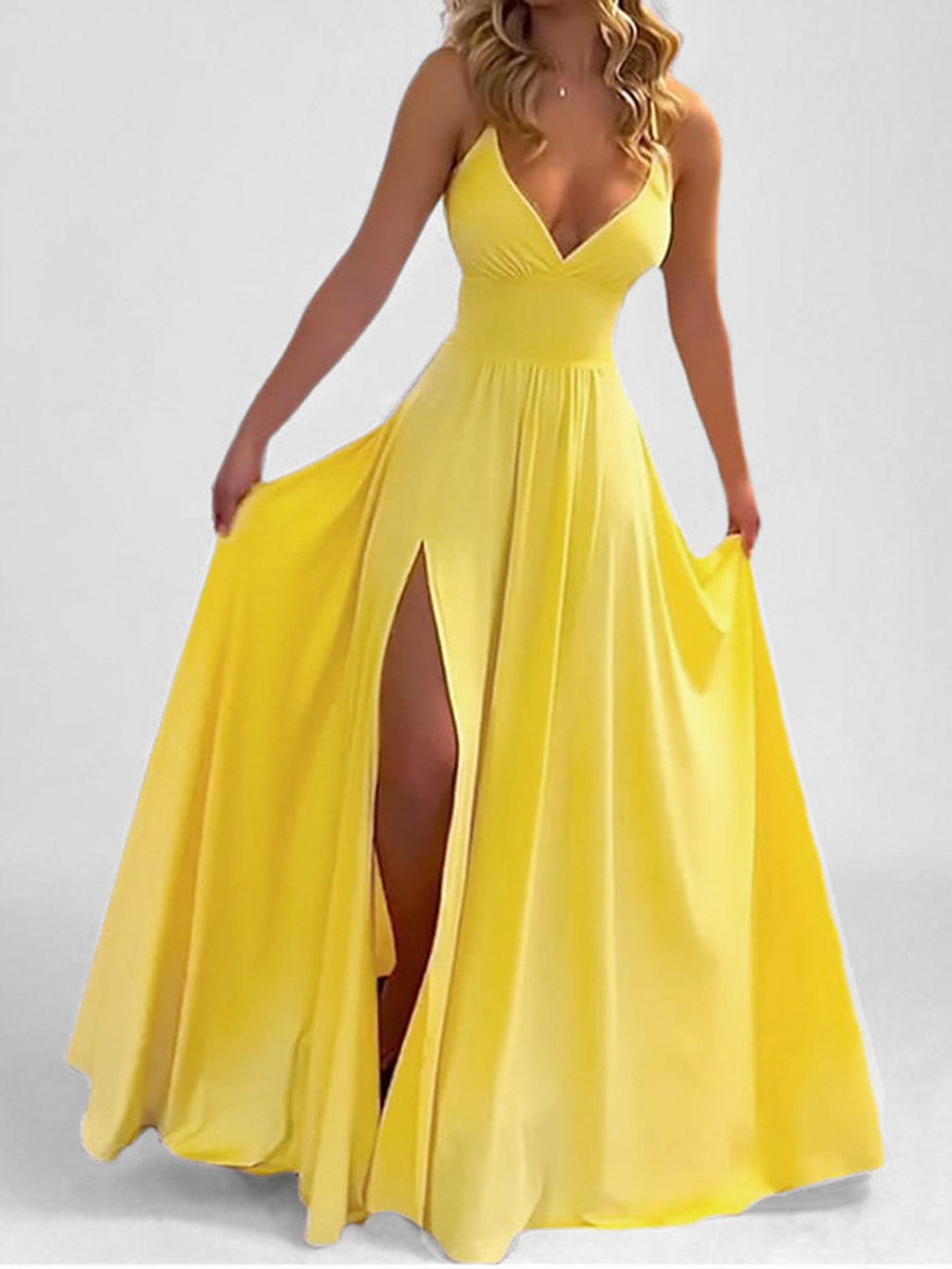 Henrietta | High Waist Pleated Split-Side Spaghetti Neck Maxi Dress