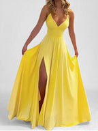 Henrietta | High Waist Pleated Split-Side Spaghetti Neck Maxi Dress