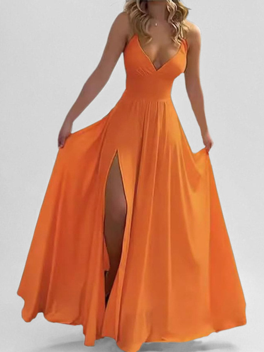 Henrietta | High Waist Pleated Split-Side Spaghetti Neck Maxi Dress