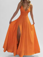 Henrietta | High Waist Pleated Split-Side Spaghetti Neck Maxi Dress