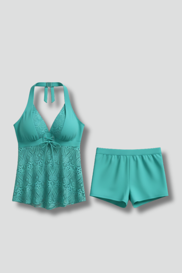 Ingrid | V-Neck Lace Overlay Tankini Set